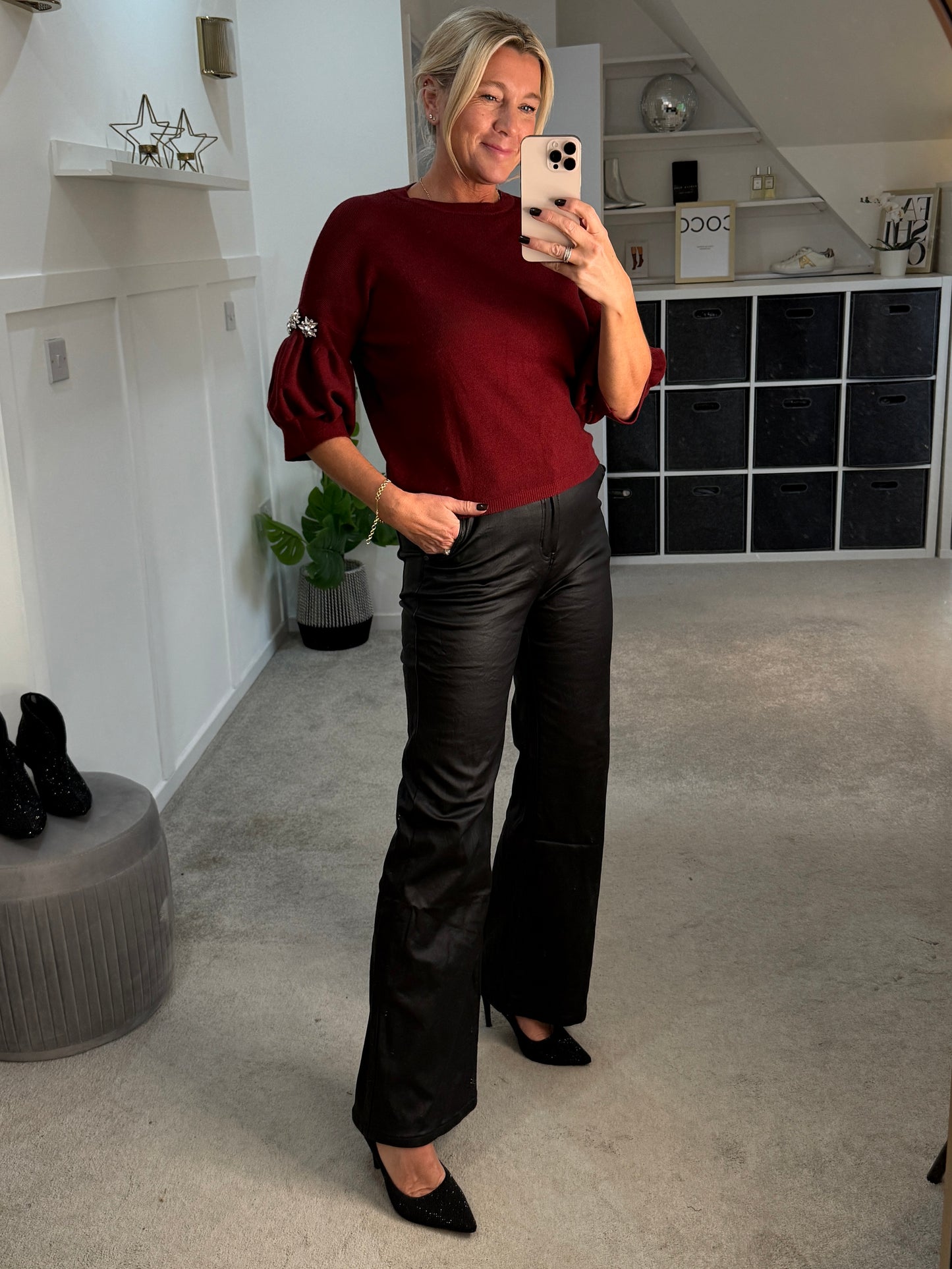 Burgundy Diamanté Sleeve Jumper