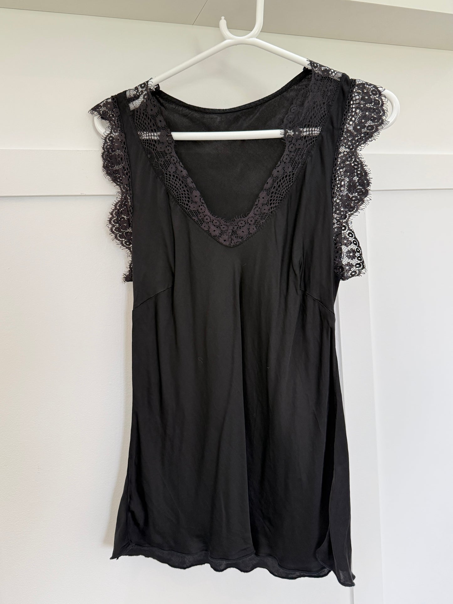 Khaki Satin/Lace V Neck Top