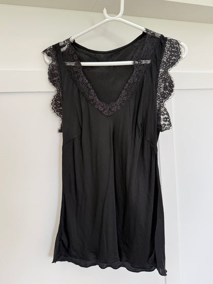 Khaki Satin/Lace V Neck Top