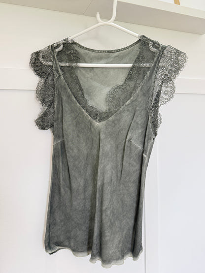 Khaki Satin/Lace V Neck Top
