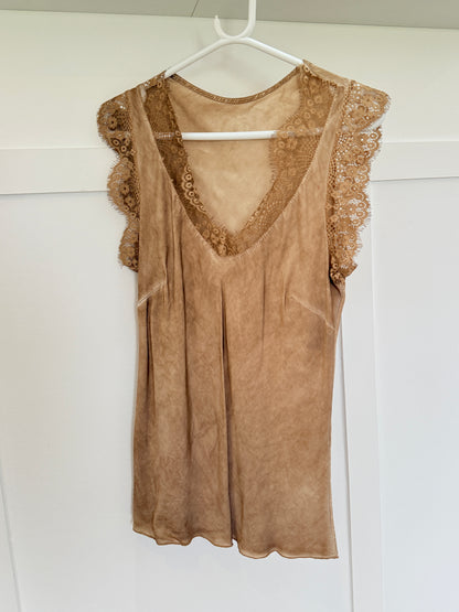 Khaki Satin/Lace V Neck Top