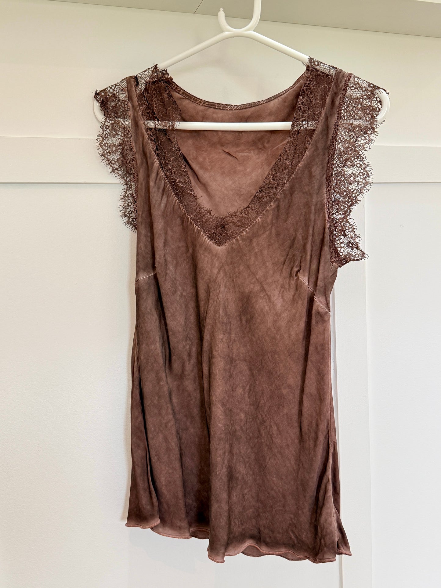 Khaki Satin/Lace V Neck Top