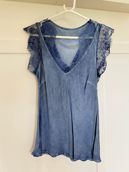 Khaki Satin/Lace V Neck Top