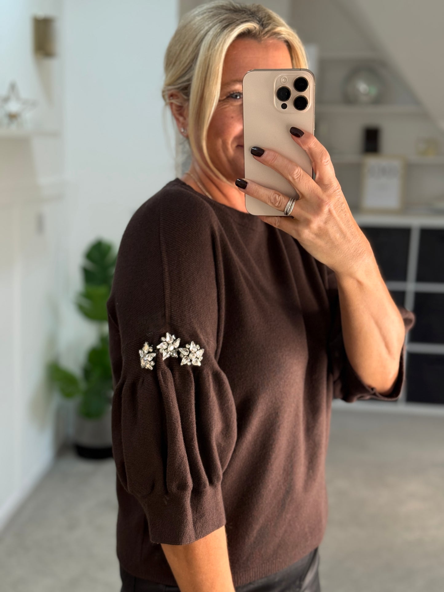 Chocolate Diamanté Sleeve Jumper