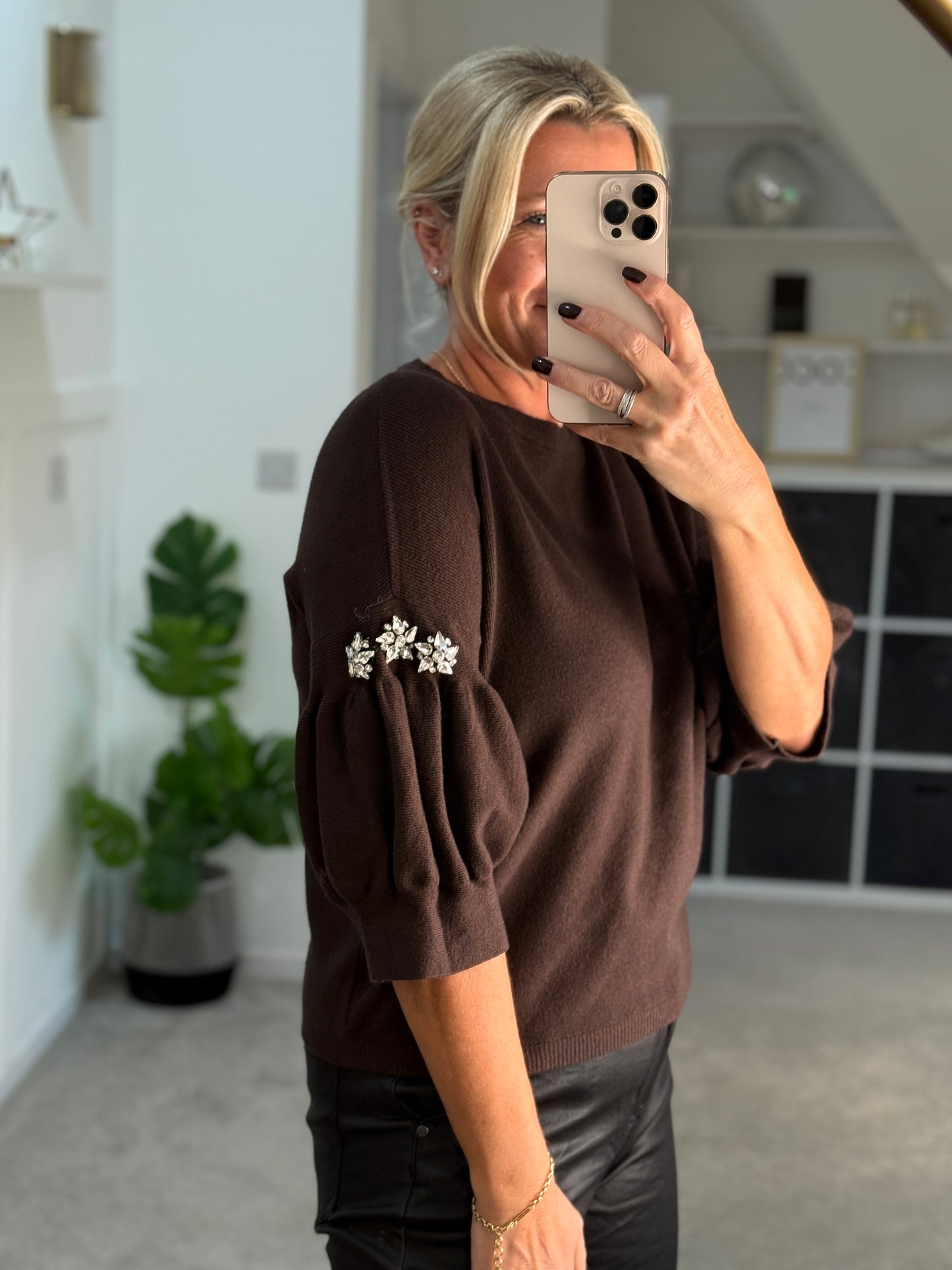Chocolate Diamanté Sleeve Jumper