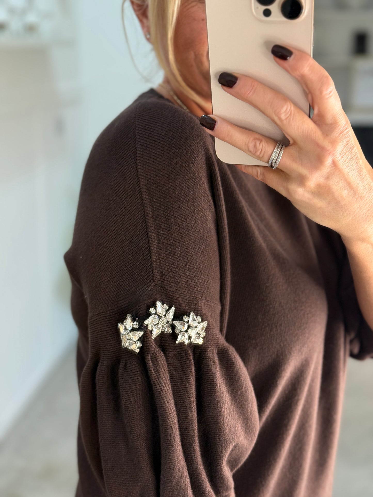 Chocolate Diamanté Sleeve Jumper