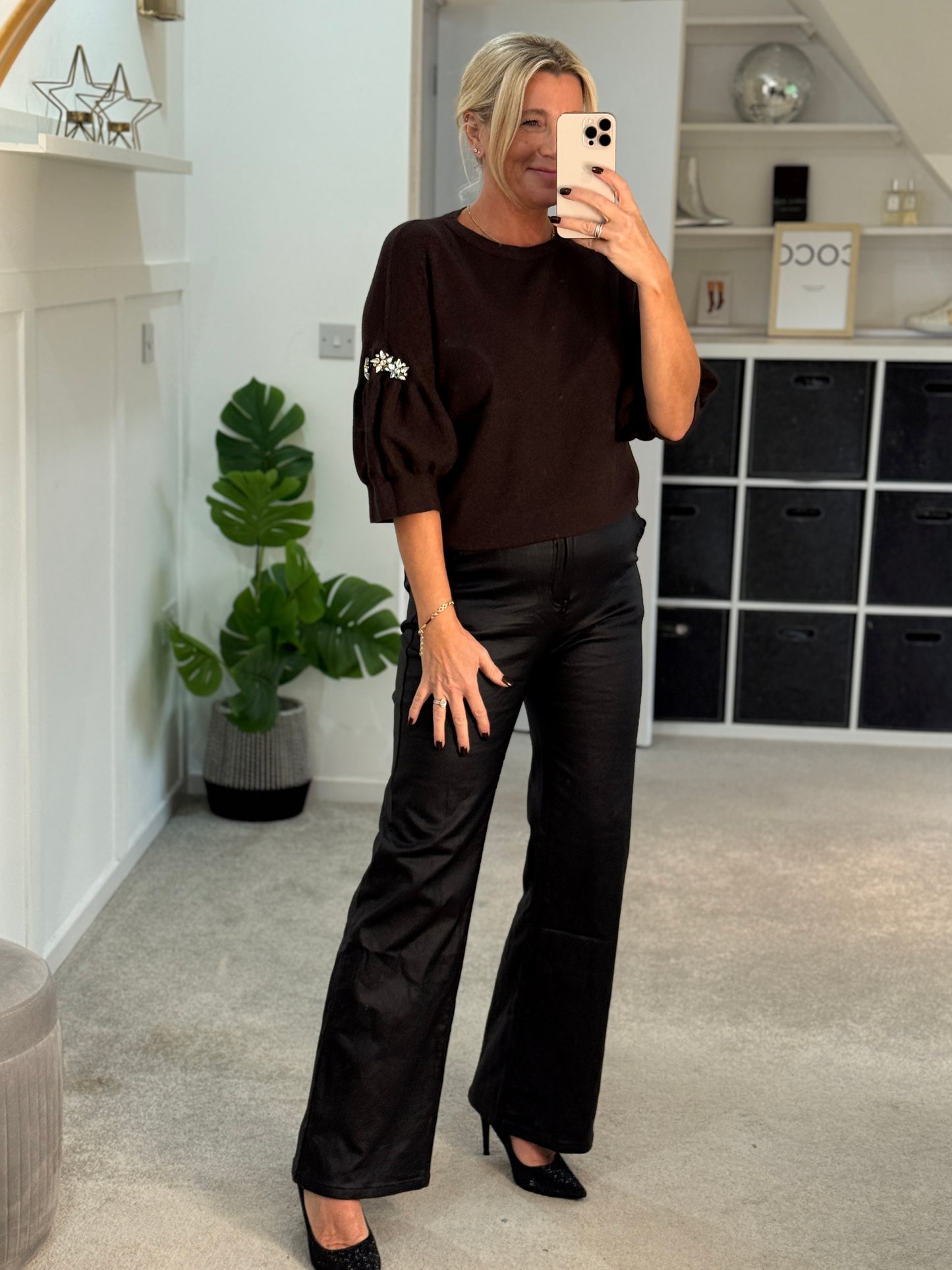 Chocolate Diamanté Sleeve Jumper