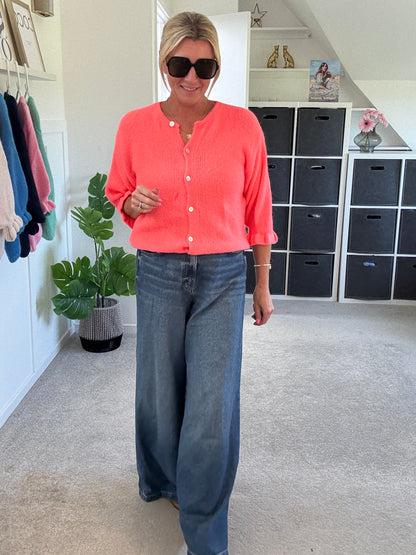 Neon Coral Fluffy 1/2 Frill Sleeve Cardigan