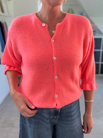 Neon Coral Fluffy 1/2 Frill Sleeve Cardigan
