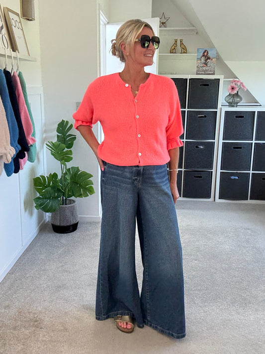 Neon Coral Fluffy 1/2 Frill Sleeve Cardigan