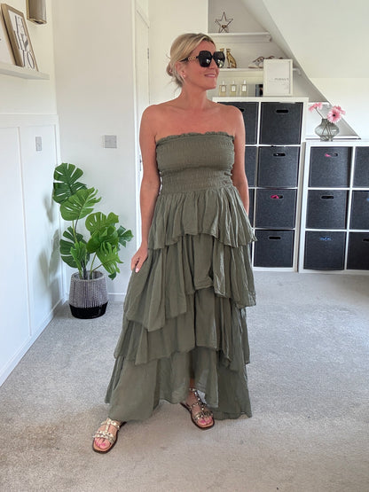Khaki Ruffle Bandeau Dress