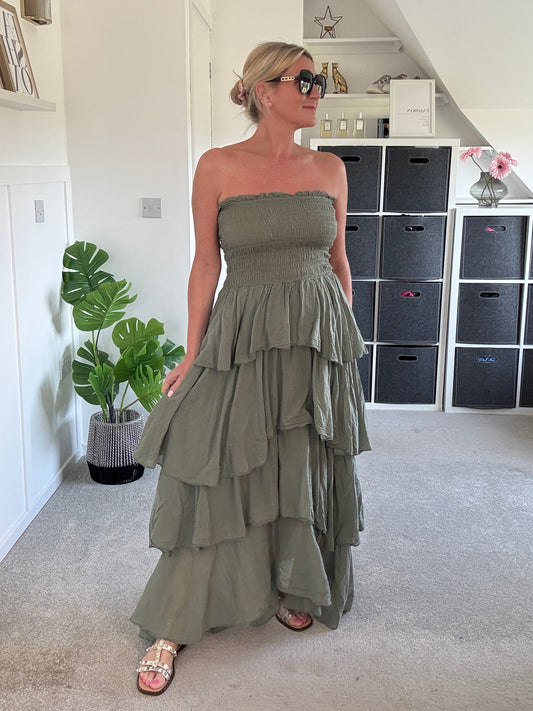 Khaki Ruffle Bandeau Dress