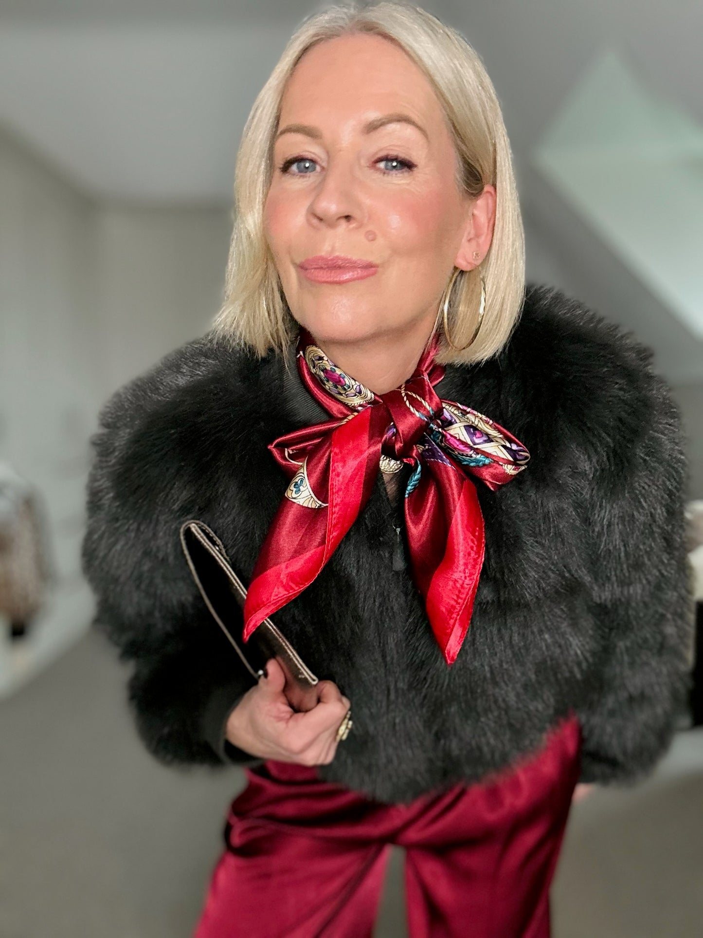 Burgundy Tassel Pattern Silk Touch Square Scarf