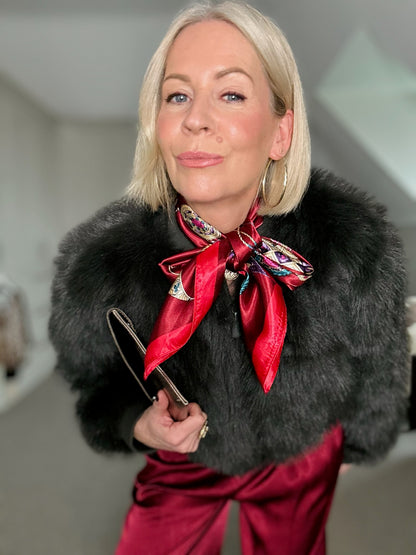 Burgundy Tassel Pattern Silk Touch Square Scarf