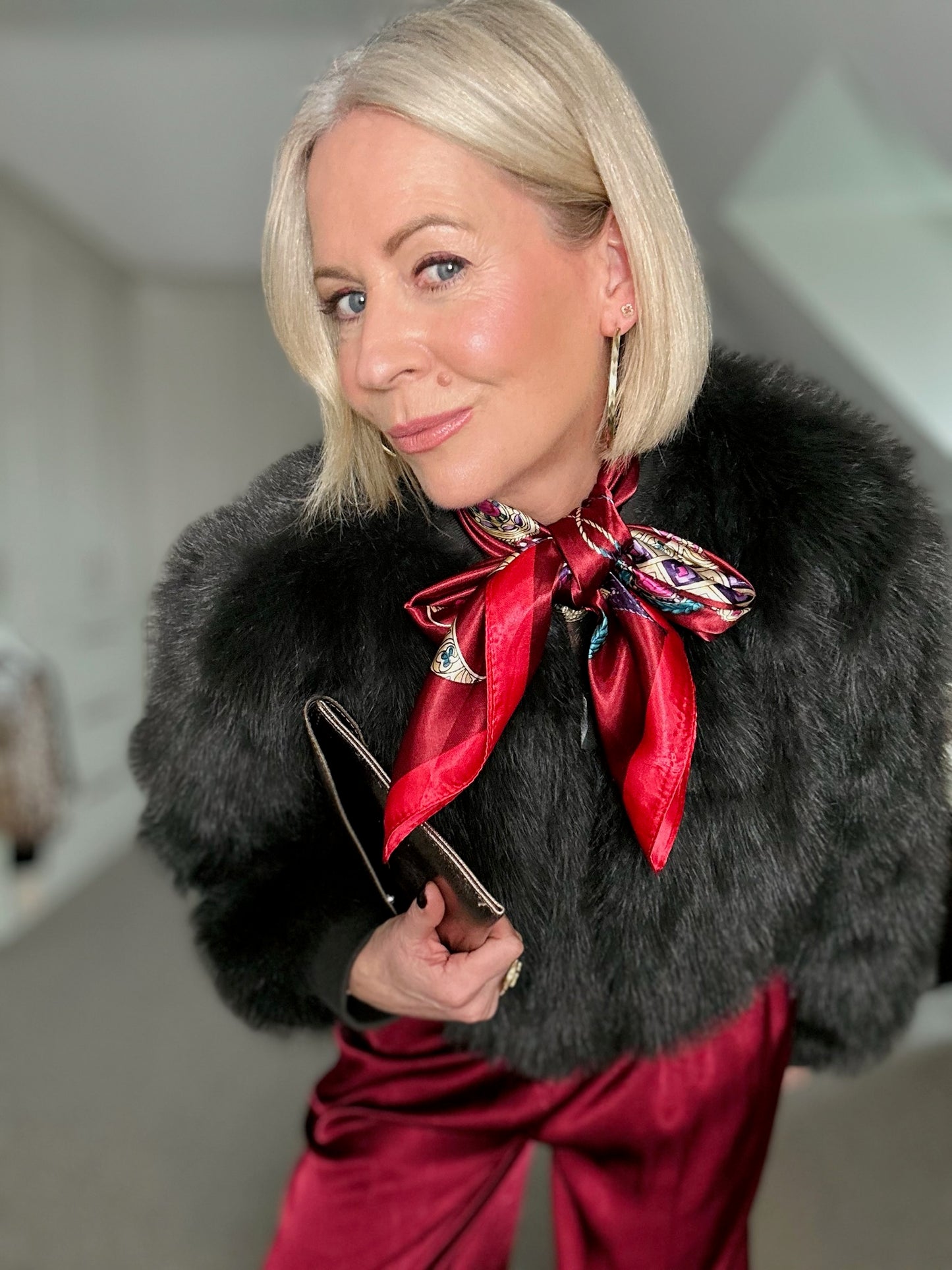 Burgundy Tassel Pattern Silk Touch Square Scarf