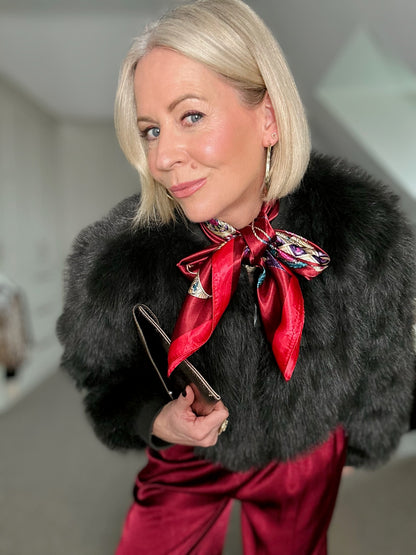 Burgundy Tassel Pattern Silk Touch Square Scarf