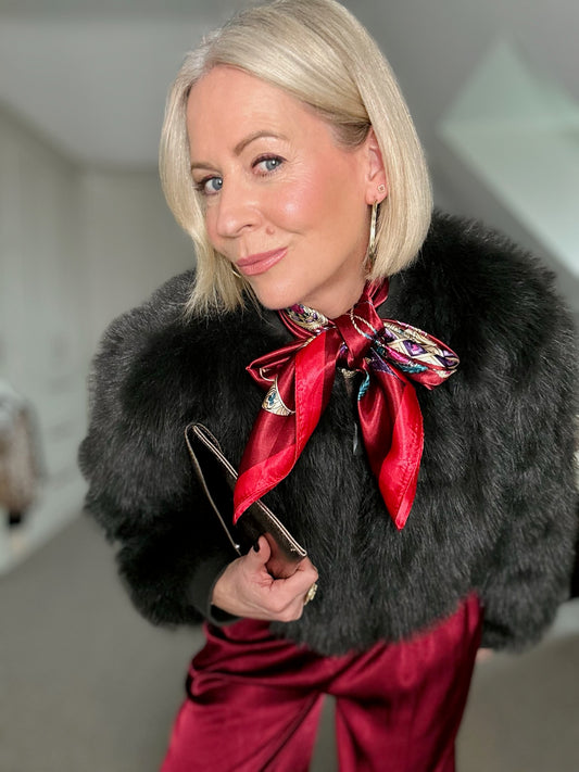 Burgundy Tassel Pattern Silk Touch Square Scarf