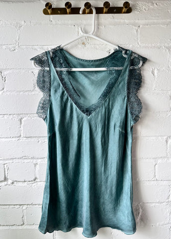 Teal Silky/Lace Lace V Neck Top