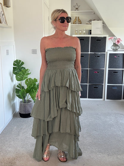 Khaki Ruffle Bandeau Dress