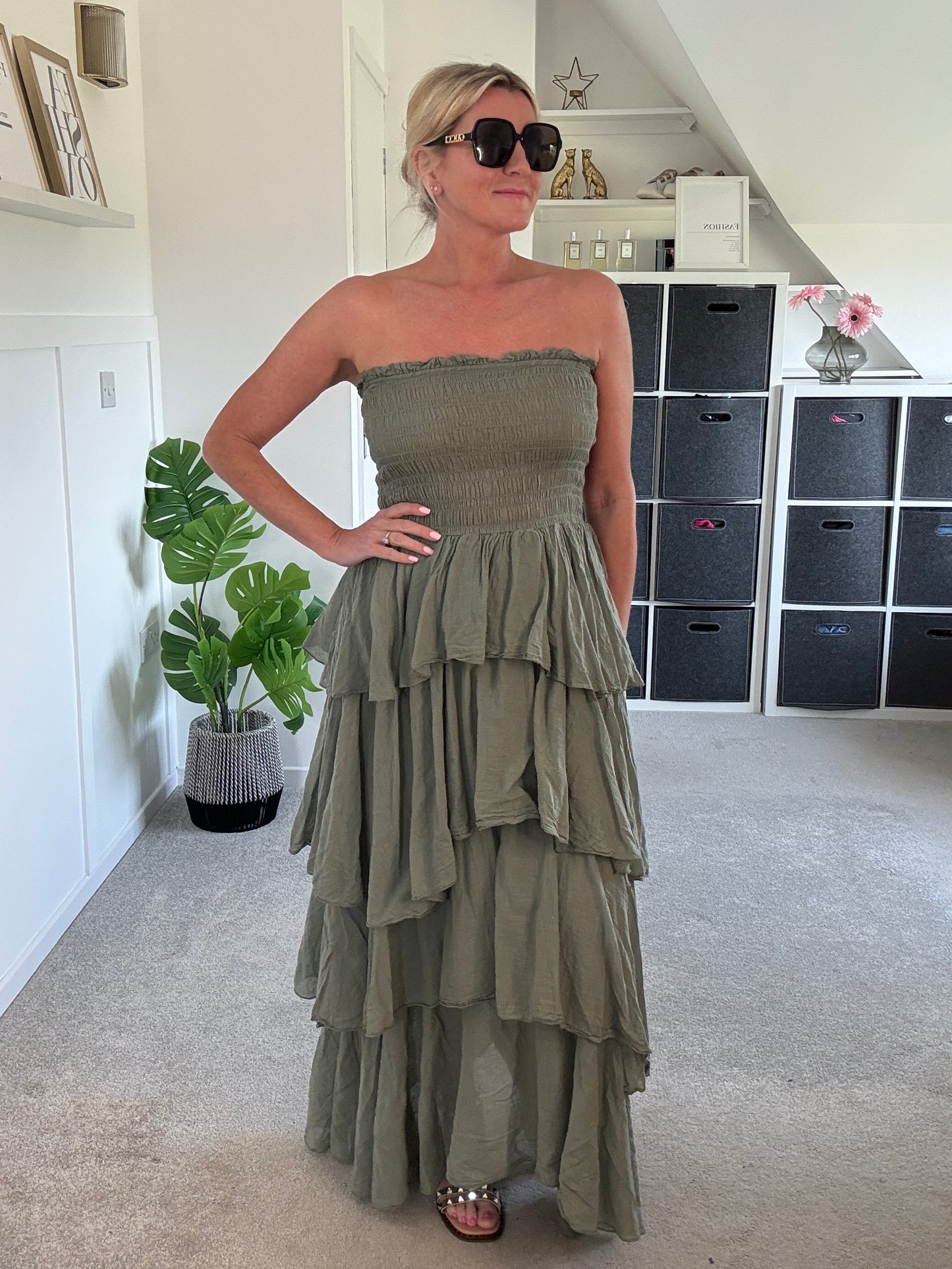 Khaki Ruffle Bandeau Dress