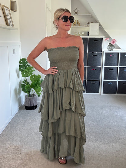 Khaki Ruffle Bandeau Dress