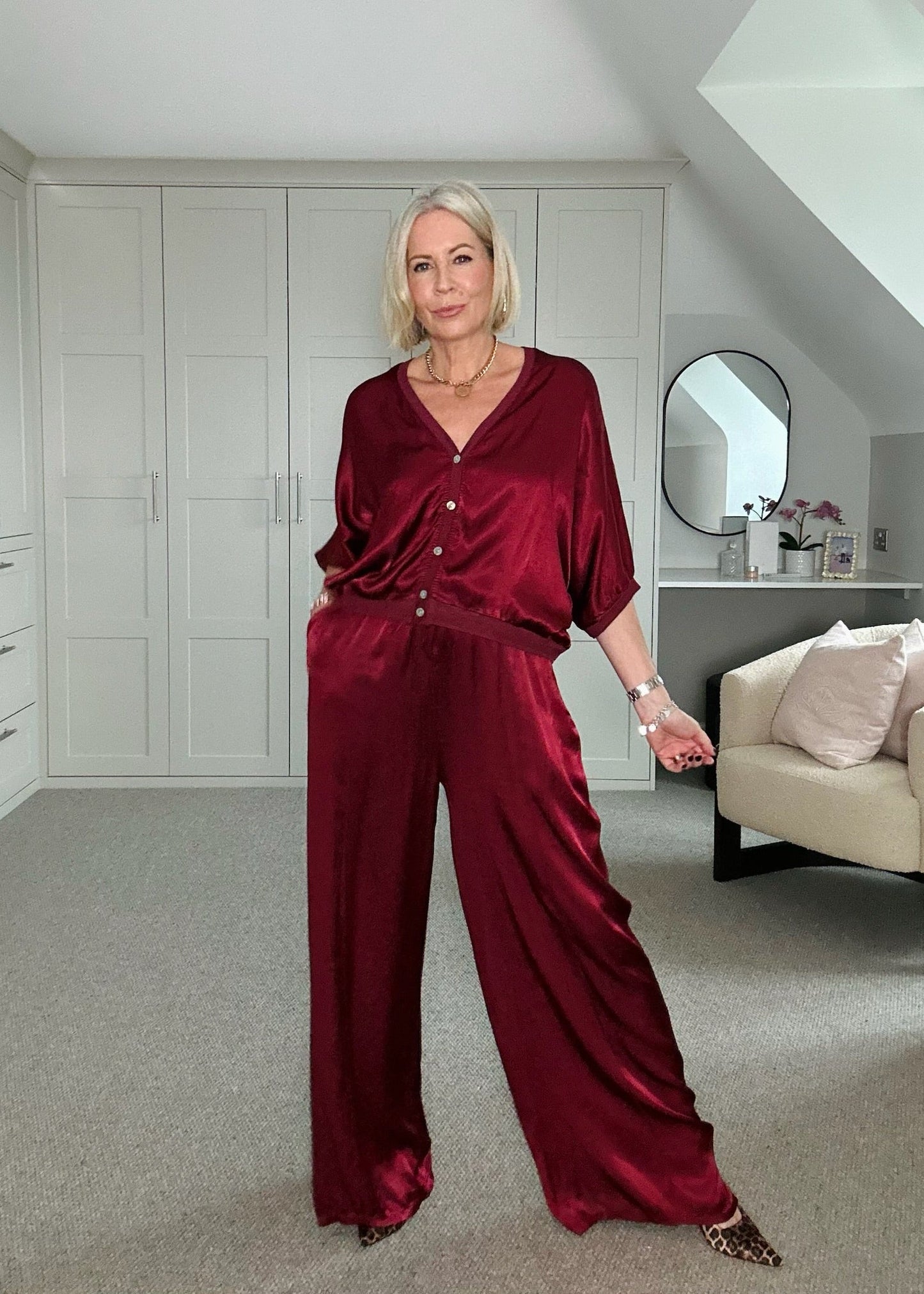 Emy Burgundy Satin Wide Leg Trousers
