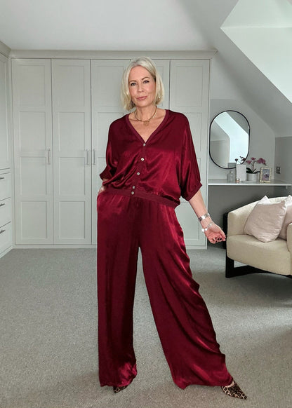 Emy Burgundy Satin Wide Leg Trousers