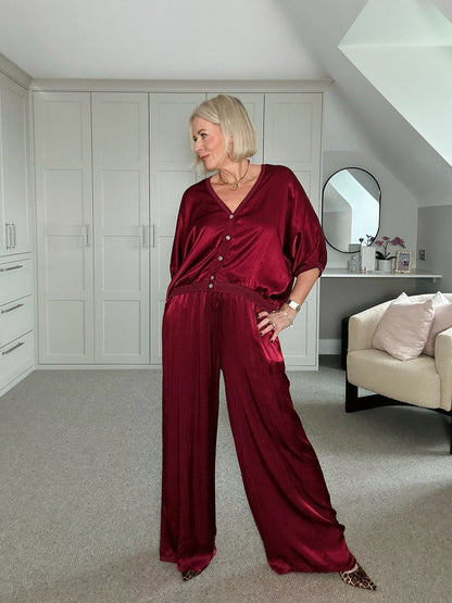 Emy Burgundy Satin Wide Leg Trousers