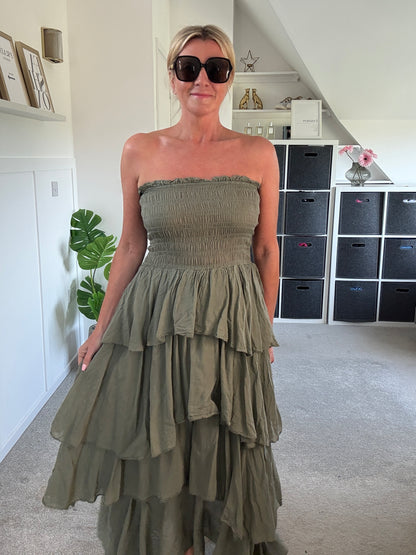 Khaki Ruffle Bandeau Dress