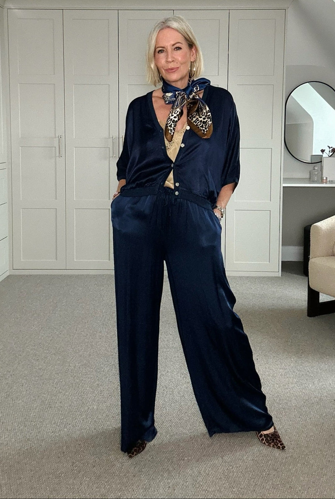 Emy Navy Satin Wide Leg Trousers