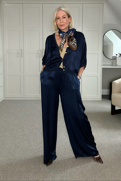 Emy Navy Satin Wide Leg Trousers