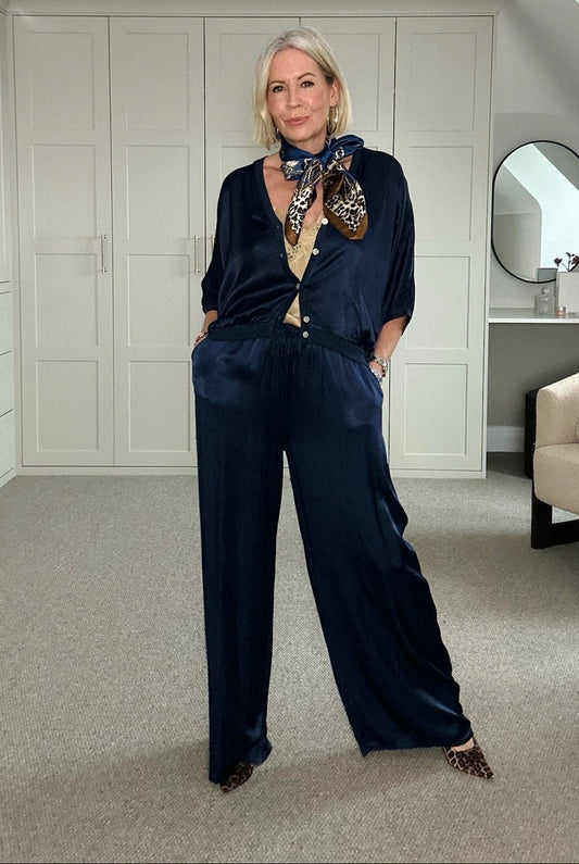 Emy Navy Satin Wide Leg Trousers