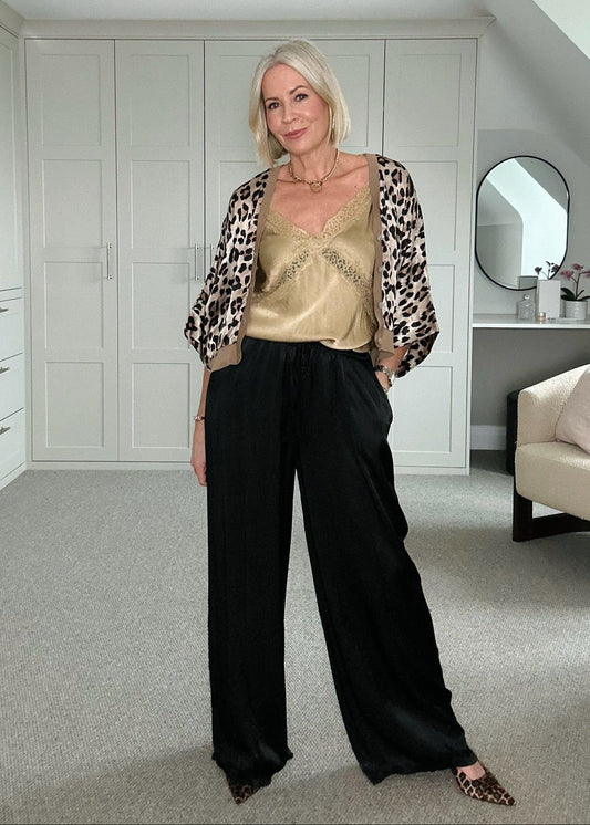 Emy Black Satin Wide Leg Trousers