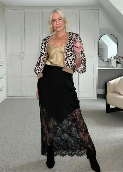 Black Satin Lace Detail Maxi Slip Skirt