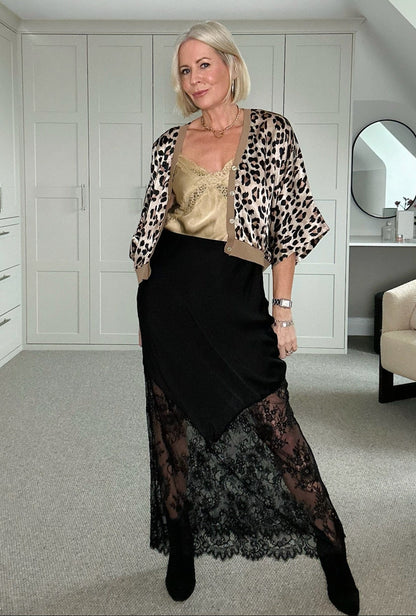 Black Satin Lace Detail Maxi Slip Skirt