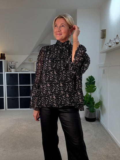 Black Printed Ruffle Sleeve Blouse