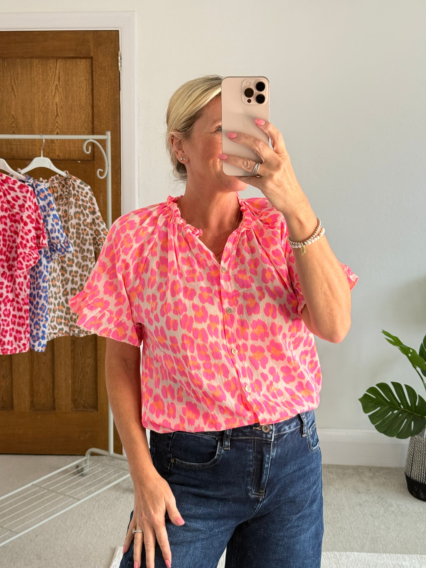 Neon Pink/Orange Leopard Frill Sleeve Blouse