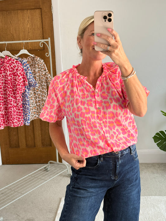 Neon Pink/Orange Leopard Frill Sleeve Blouse