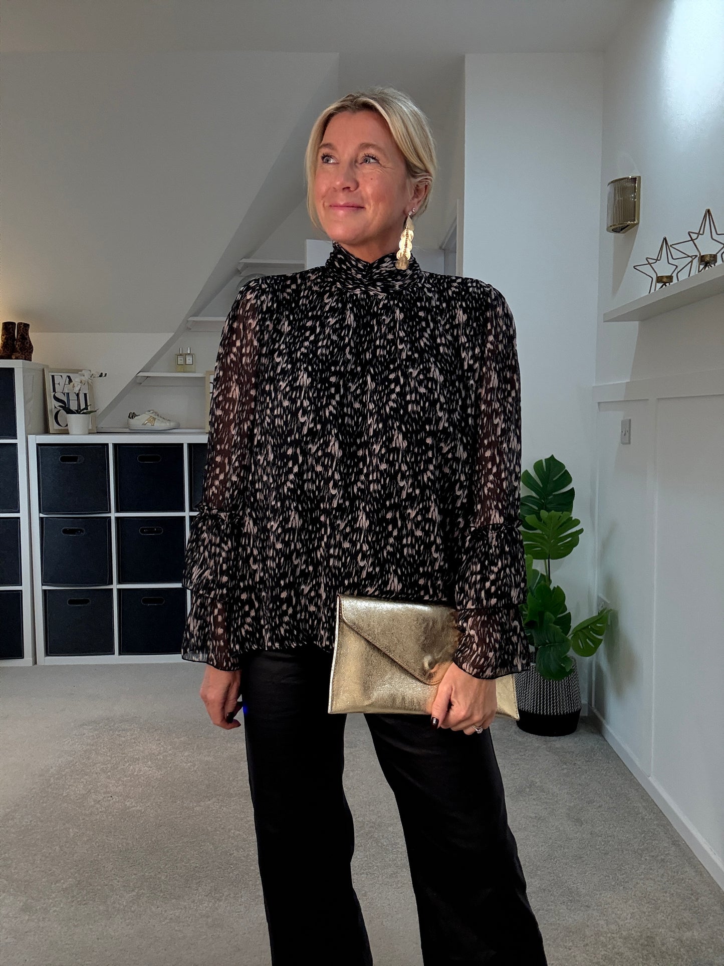 Black Printed Ruffle Sleeve Blouse