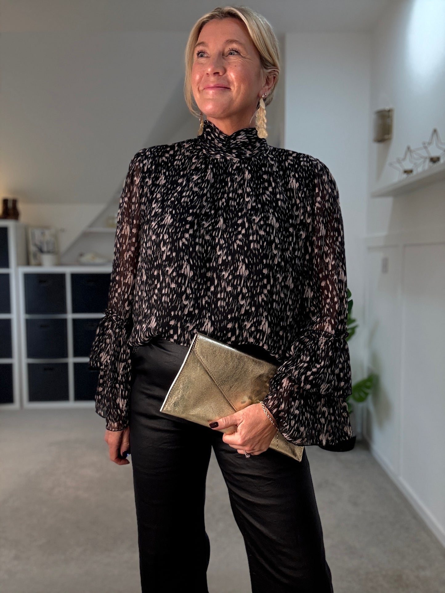 Black Printed Ruffle Sleeve Blouse