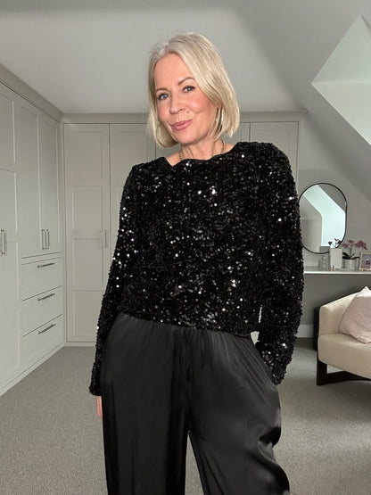 Black Sequin Satin Bow Back Top