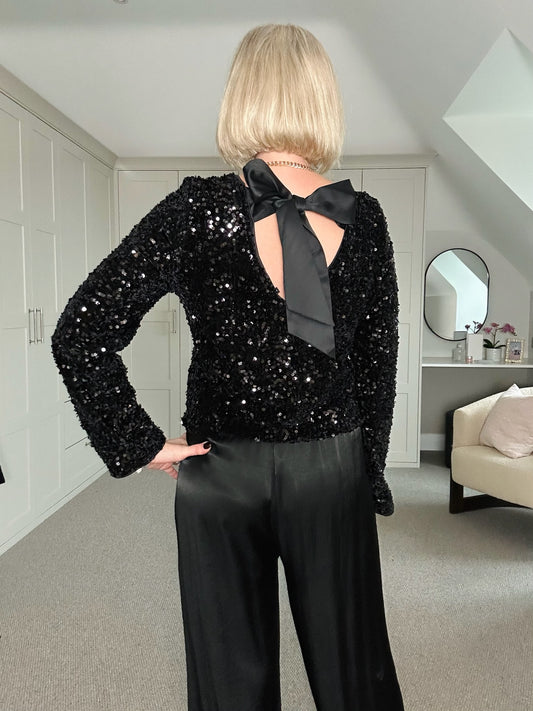 Black Sequin Satin Bow Back Top