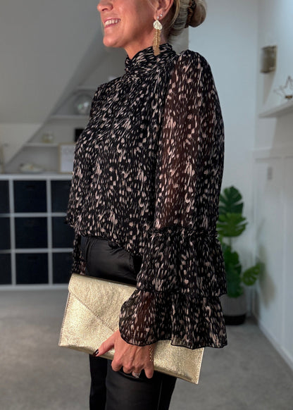 Black Printed Ruffle Sleeve Blouse