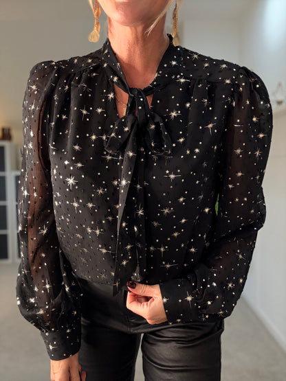 Black Dobby Star Chiffon Tie Neck Blouse