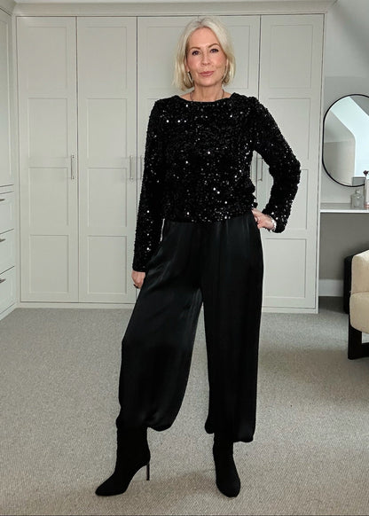Emy Black Satin Wide Leg Trousers