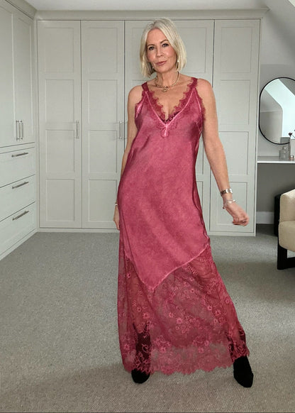 Burgundy Satin Lace V-Neck Maxi Slip Dress