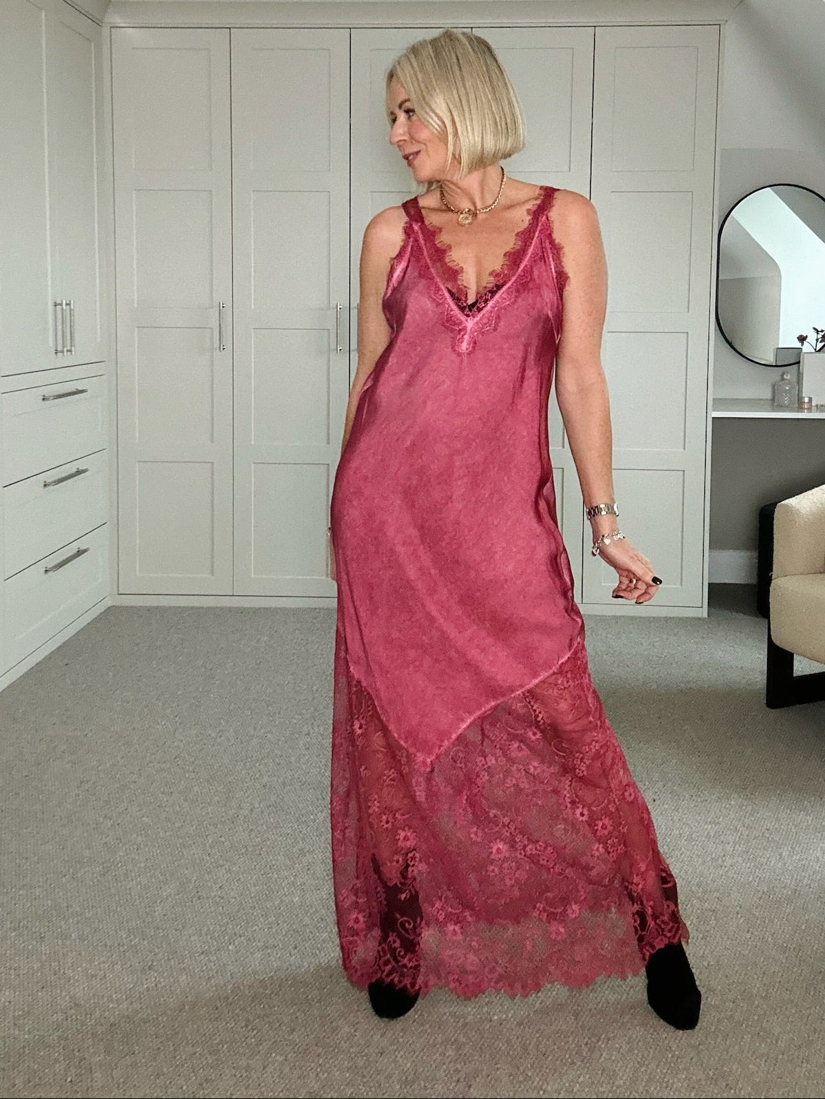 Burgundy Satin Lace V-Neck Maxi Slip Dress