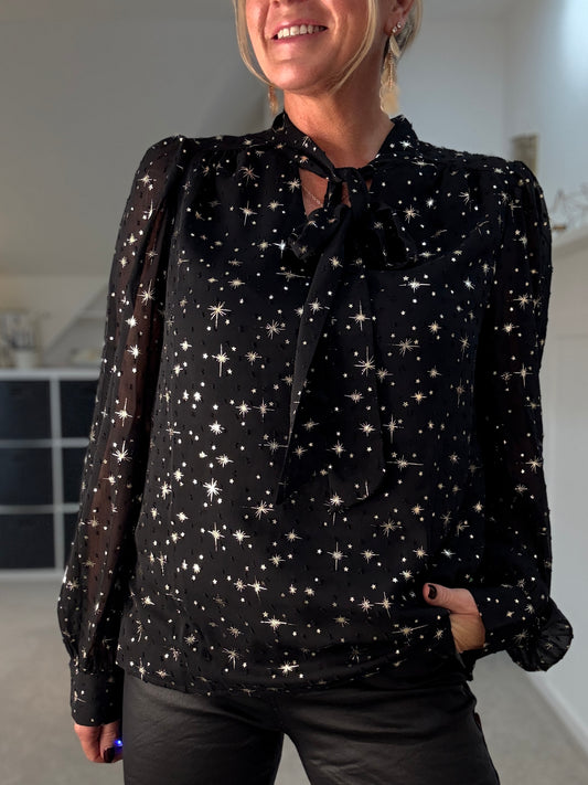 Black Dobby Star Chiffon Tie Neck Blouse