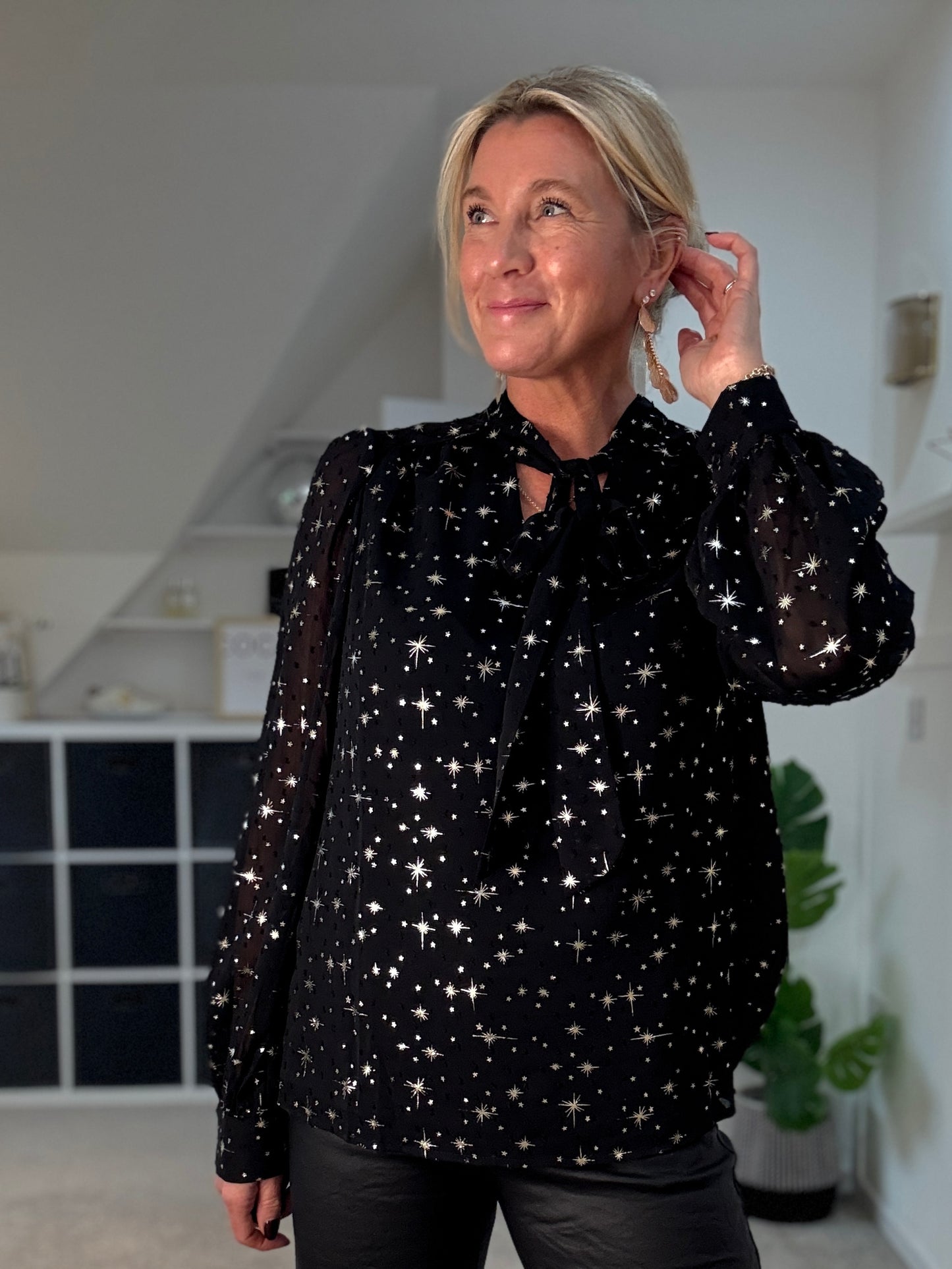 Black Dobby Star Chiffon Tie Neck Blouse