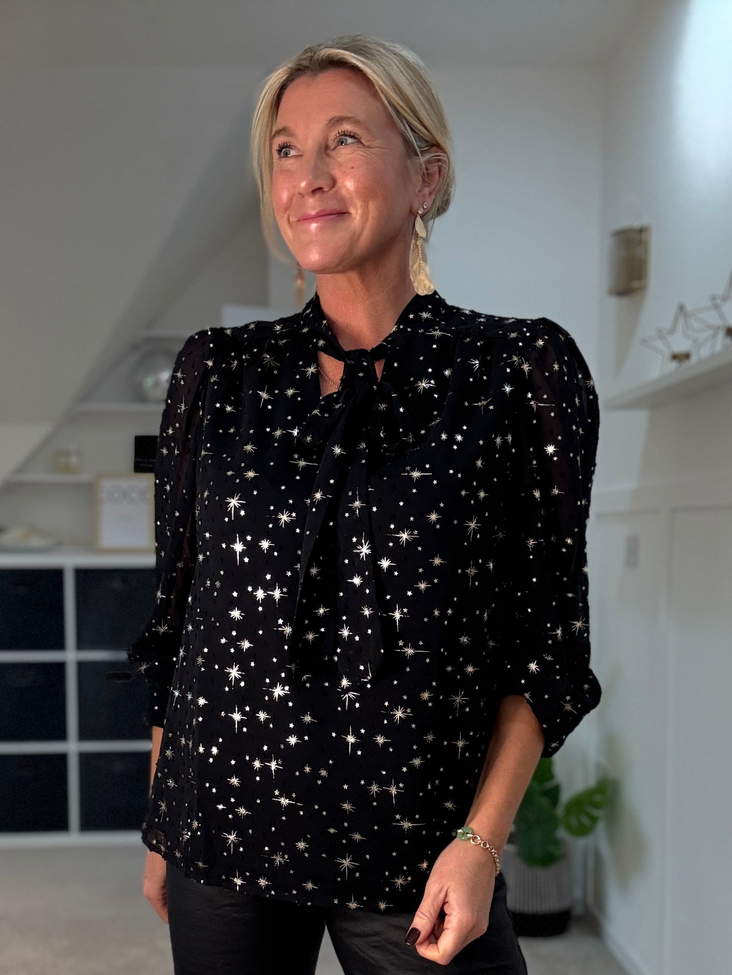 Black Dobby Star Chiffon Tie Neck Blouse